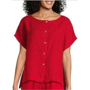 Bryn Walker Button Front Top Womens XS 100% Linen Lagenlook Pink Pocket Boxy
